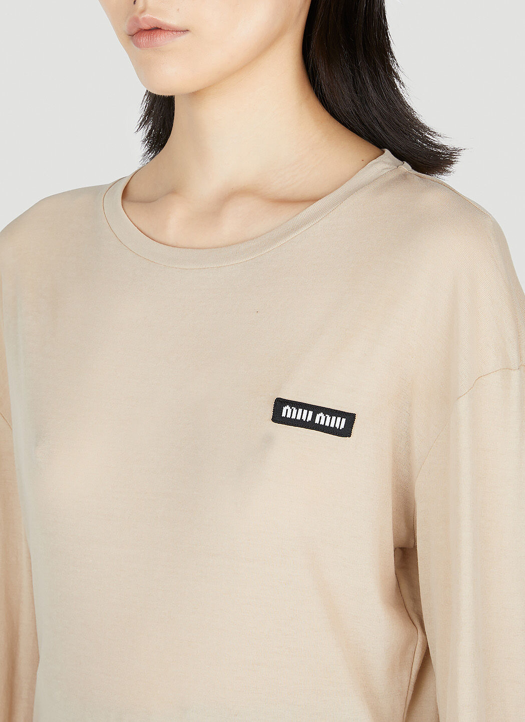 【気質アップ】 Miu Beige in T-Shirt Sleeve Long Patch Logo Women's' Miu トップス