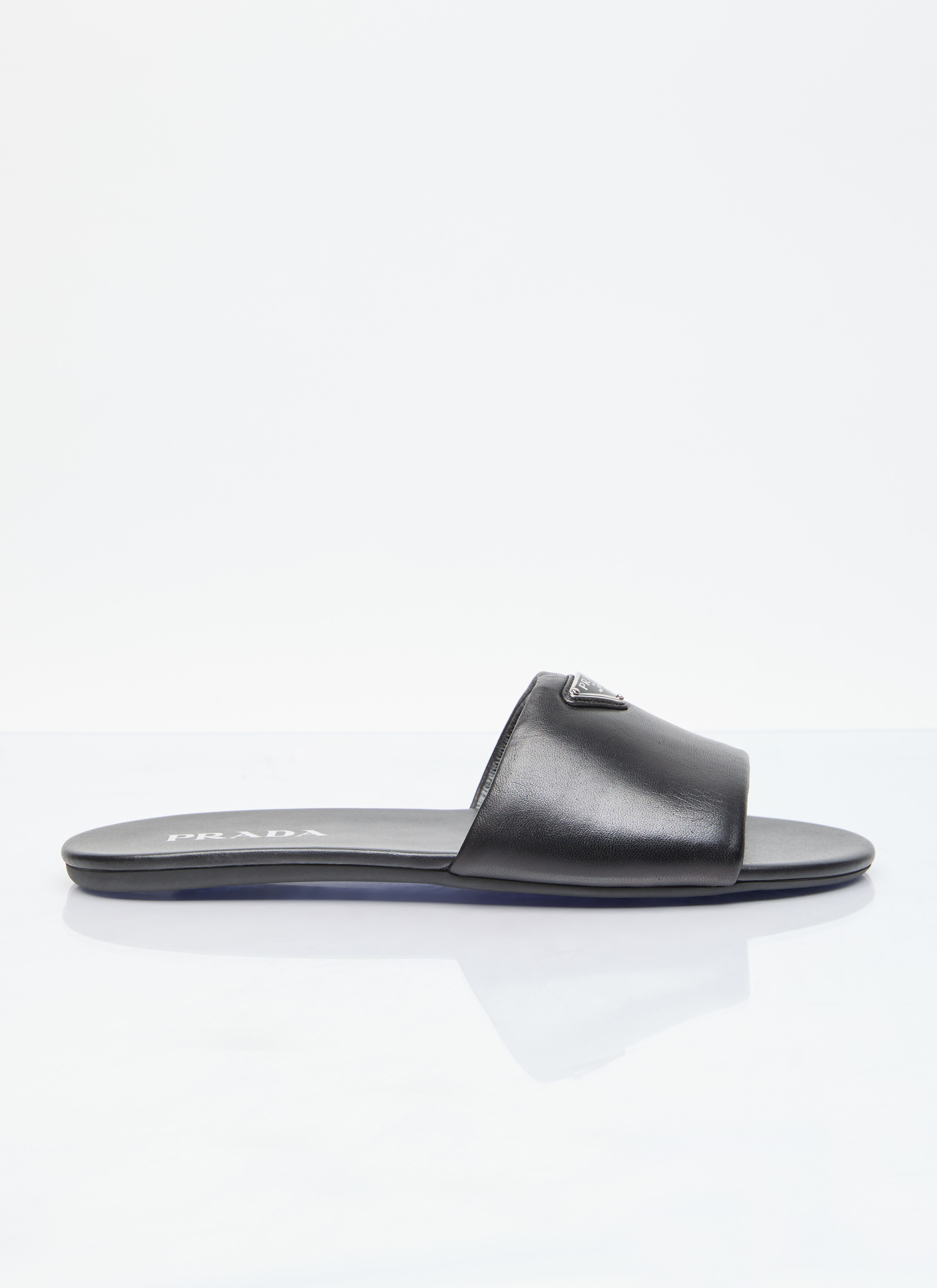 Prada Women's' Logo Plaque Leather Slides in Black | LN-CC®