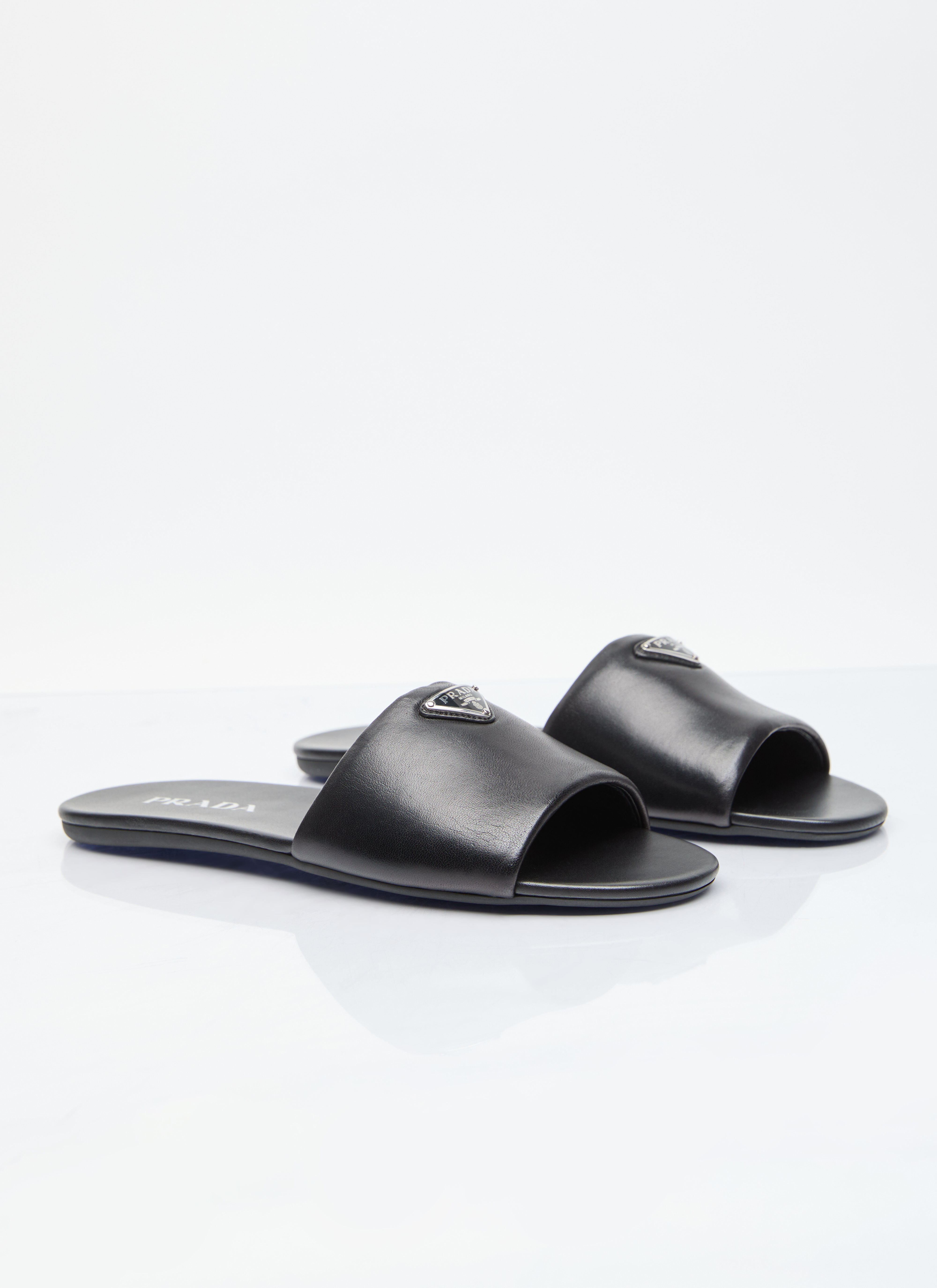 Prada Women's' Logo Plaque Leather Slides in Black | LN-CC®