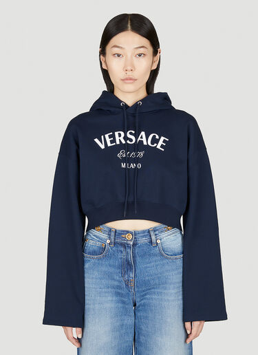 Versace 밀라노 스탬프 크롭 후드티셔츠 블루 ver0255010