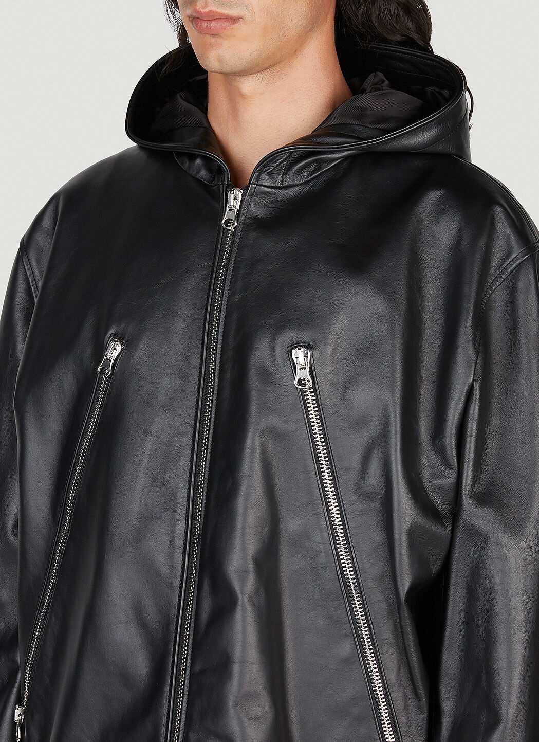 MM6 Maison Margiela Men's' Leather Hooded Jacket in Black