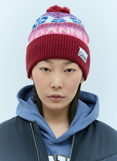 GANNI Logo Jacquard Beanie Hat Red gan0255078
