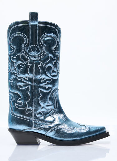 GANNI Mid Shaft Embroidered Western Boots Blue gan0257042