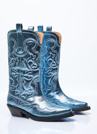 GANNI Mid Shaft Embroidered Western Boots Blue gan0257042