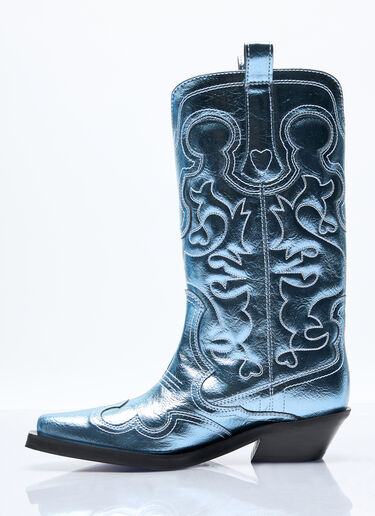 GANNI Mid Shaft Embroidered Western Boots Blue gan0257042