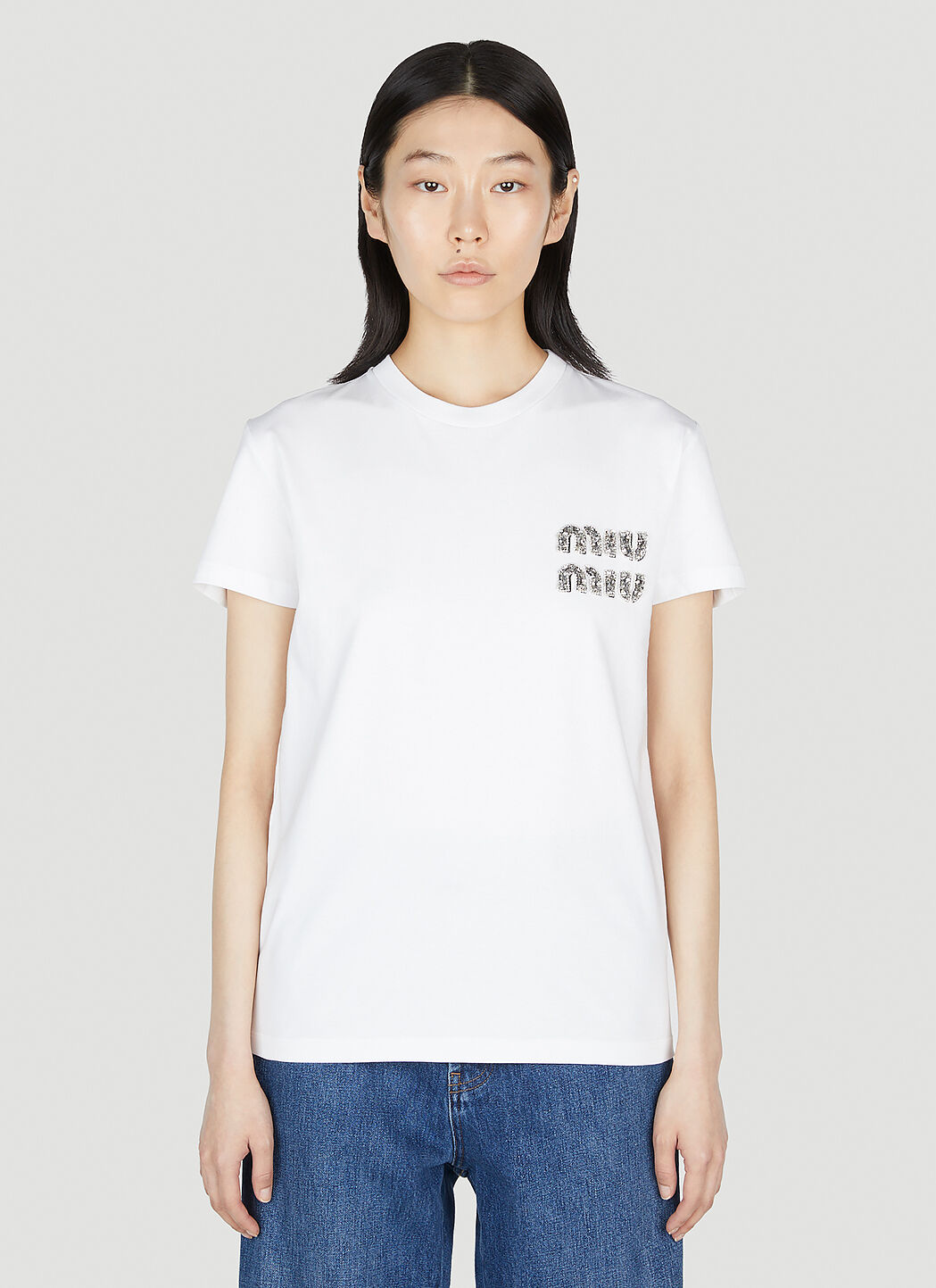 Miu Miu Women's' Embellished Logo T-Shirt in White | LN-CC®