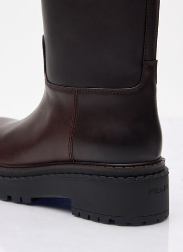 Logo Plaque Leather Boots Prada Logo Plaque Leather Boots Brown pra0258035