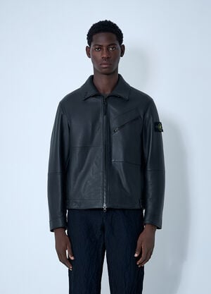 Stone Island Leather Jacket With Logo Patch Black sto0162020