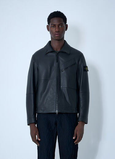 Leather Jacket With Logo Patch Stone Island Leather Jacket With Logo Patch Black sto0162020