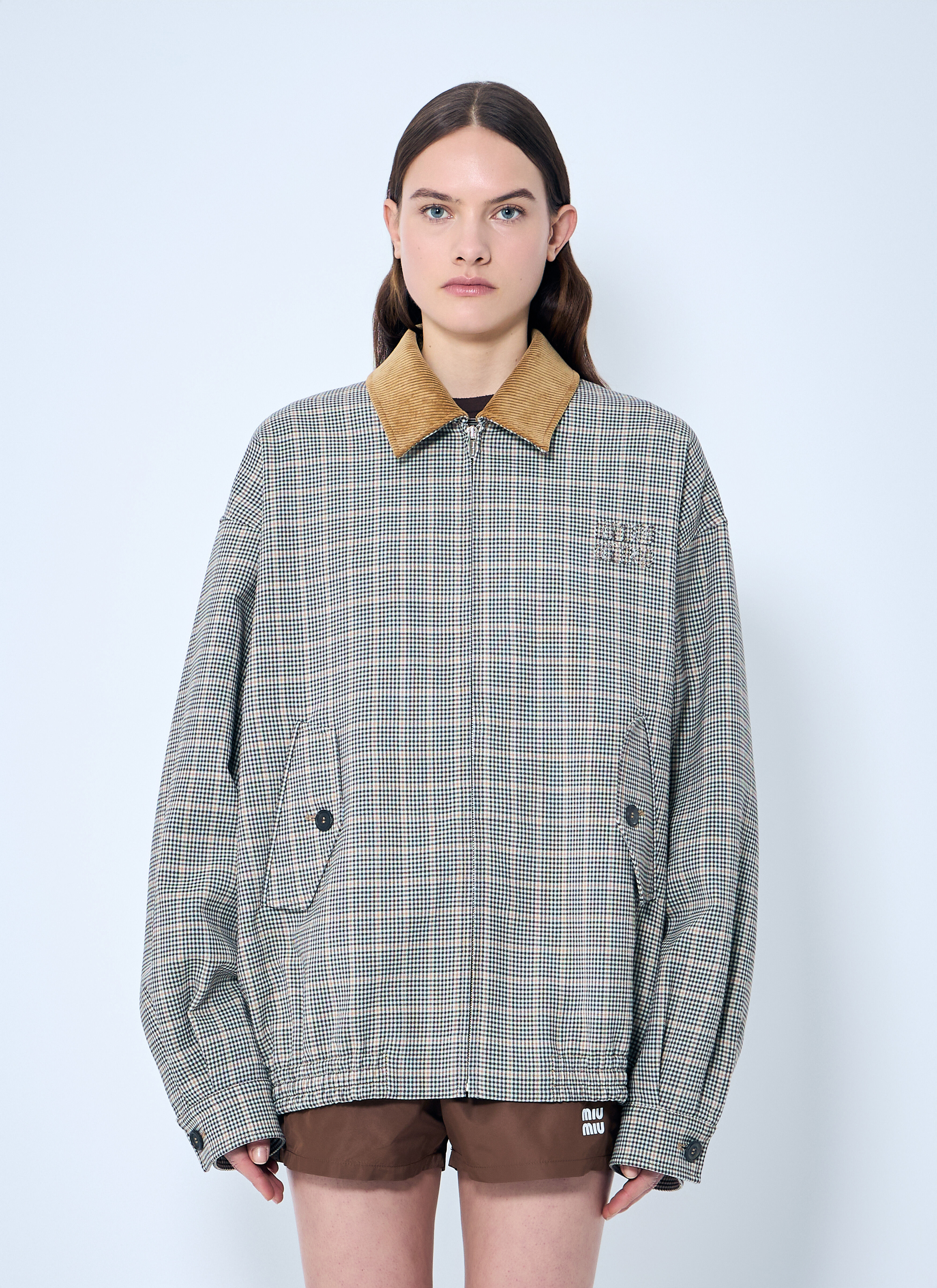 ◆完売必至◆【MiuMiu】チェック 二重織り ブルゾンジャケット ダークブラウン チェック 二重織り ブルゾンジャケット | Miu Miu