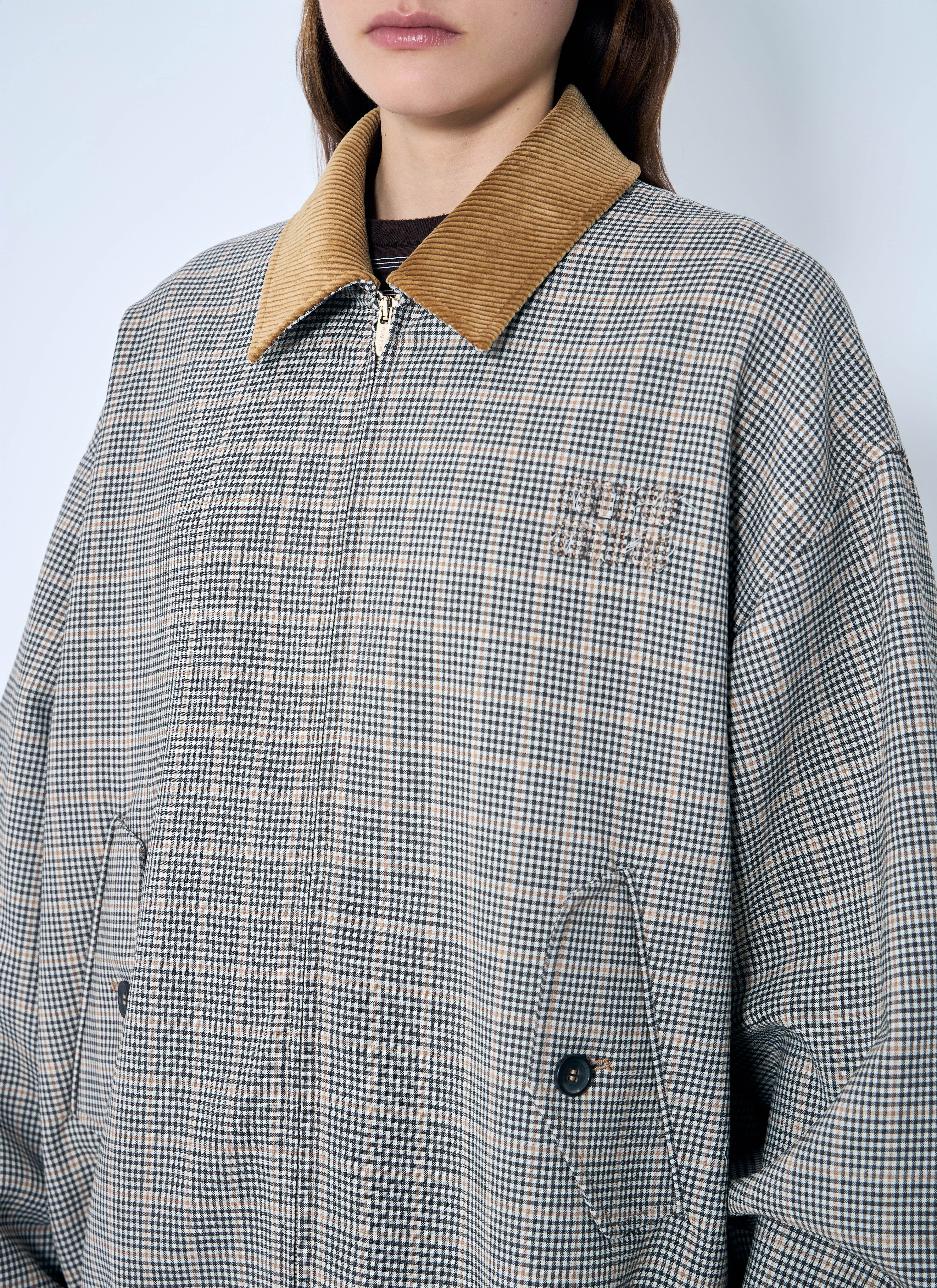 関税込 MiuMiu Checked double weave blouson jacket Cocoa Brown Checked Double Weave Blouson Jacket | Miu Miu