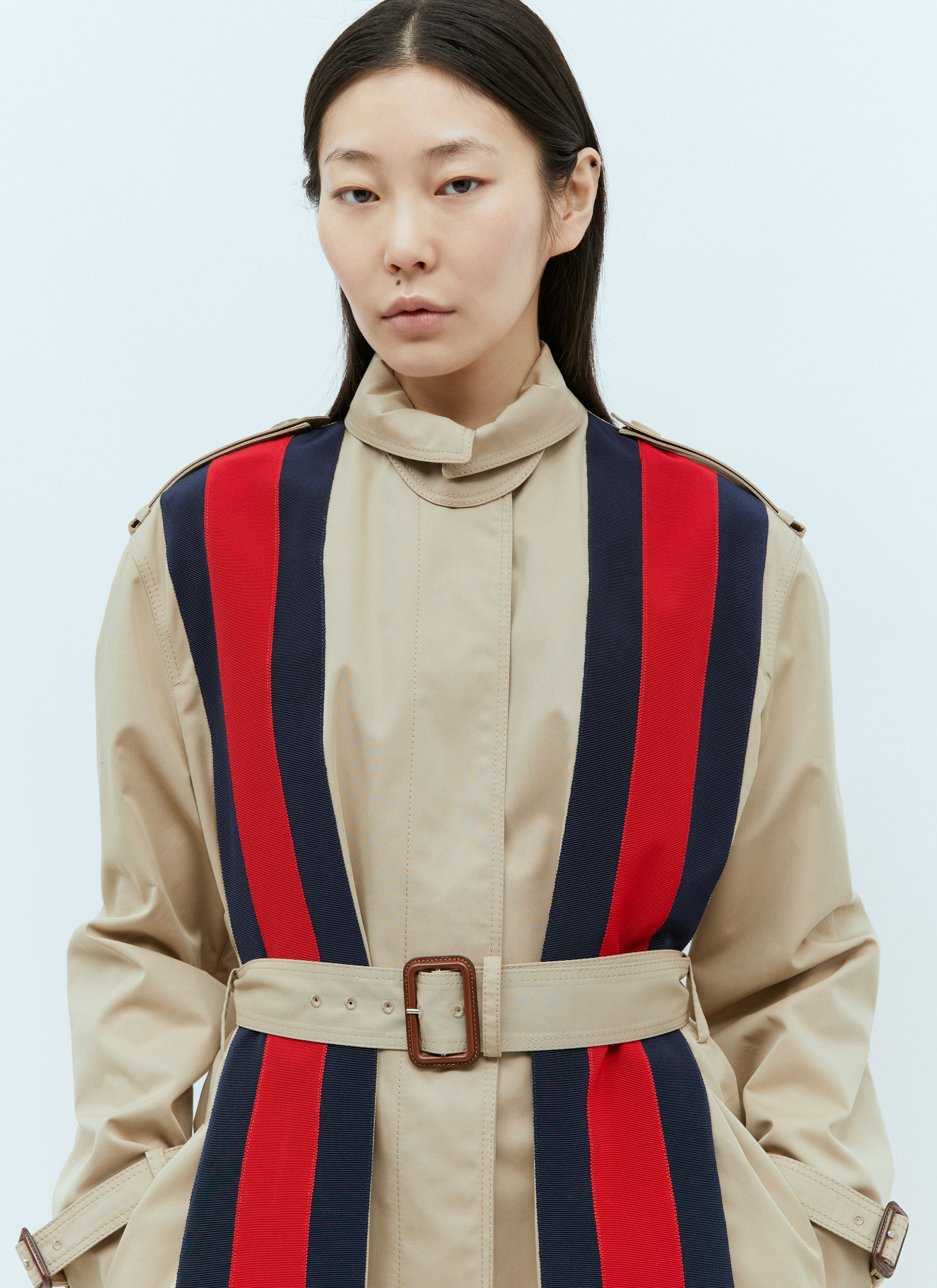 【関税&送料込】Gucci Single-Breasted Gabardine Trench Coat Gucci Women's' Gabardine Trench Coat With Web Stripe in