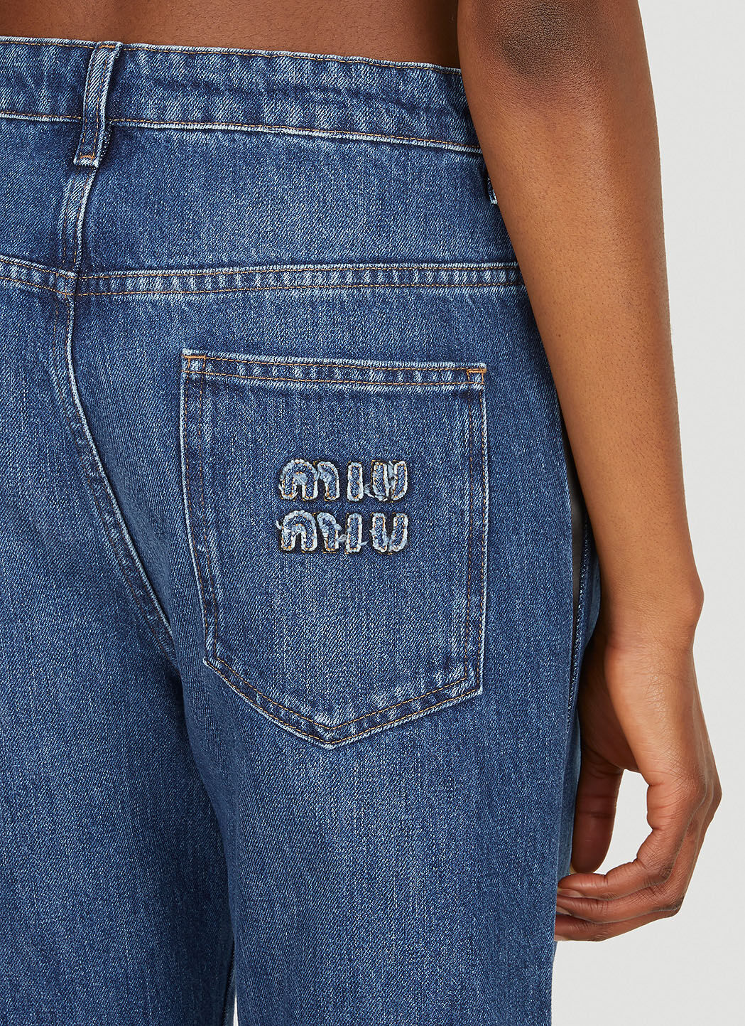 Miu Miu Logo Patch Wide Leg Jeans in Blue | LN-CC