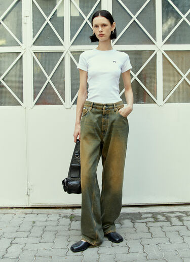 Marine Serre 로고 자수 티셔츠 화이트 mrs0254018