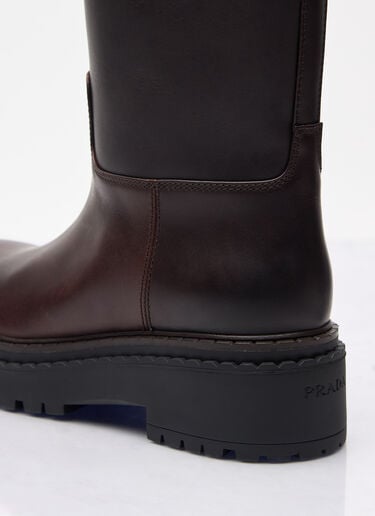 Logo Plaque Leather Boots Prada Logo Plaque Leather Boots Brown pra0258035