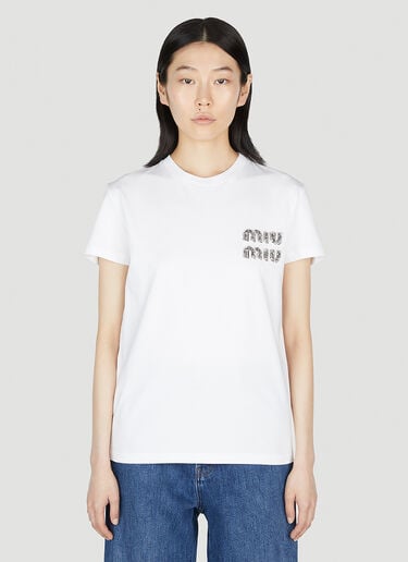 Miu Miu Embellished Logo T-Shirt White miu0252067