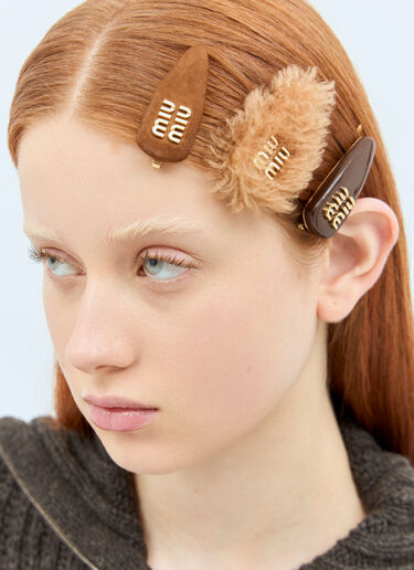Set Of Three Logo Hair Pins Miu Miu Set Of Three Logo Hair Pins Brown miu0258047