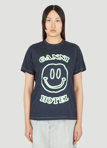 GANNI スマイリーホテルプリントTシャツ ネイビー gan0249021