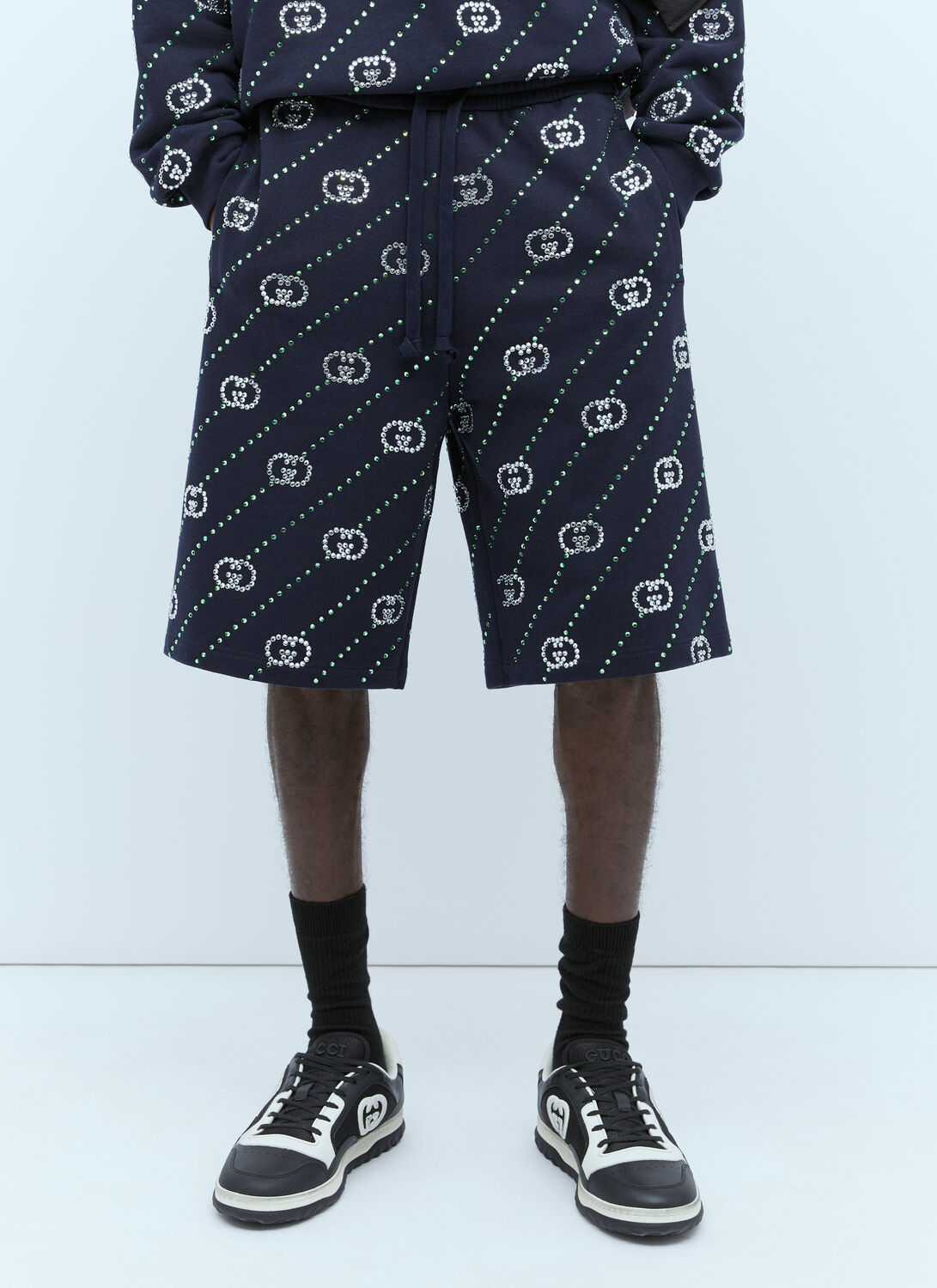 Shop Gucci Crystal Interlocking G Shorts In Black