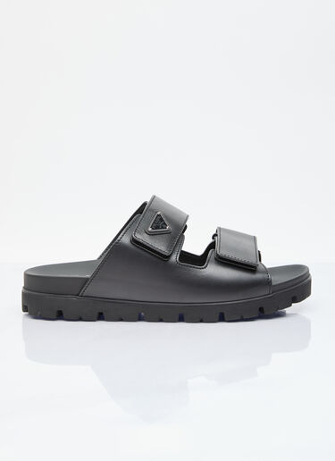 Prada Logo Plaque Leather Slides Black pra0156014