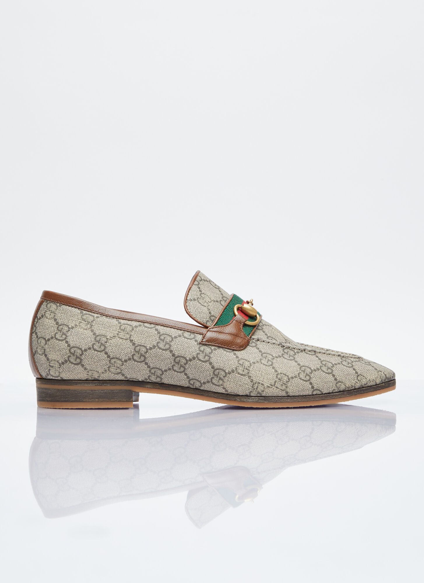 Shop Gucci Horsebit Web Loafers In Beige