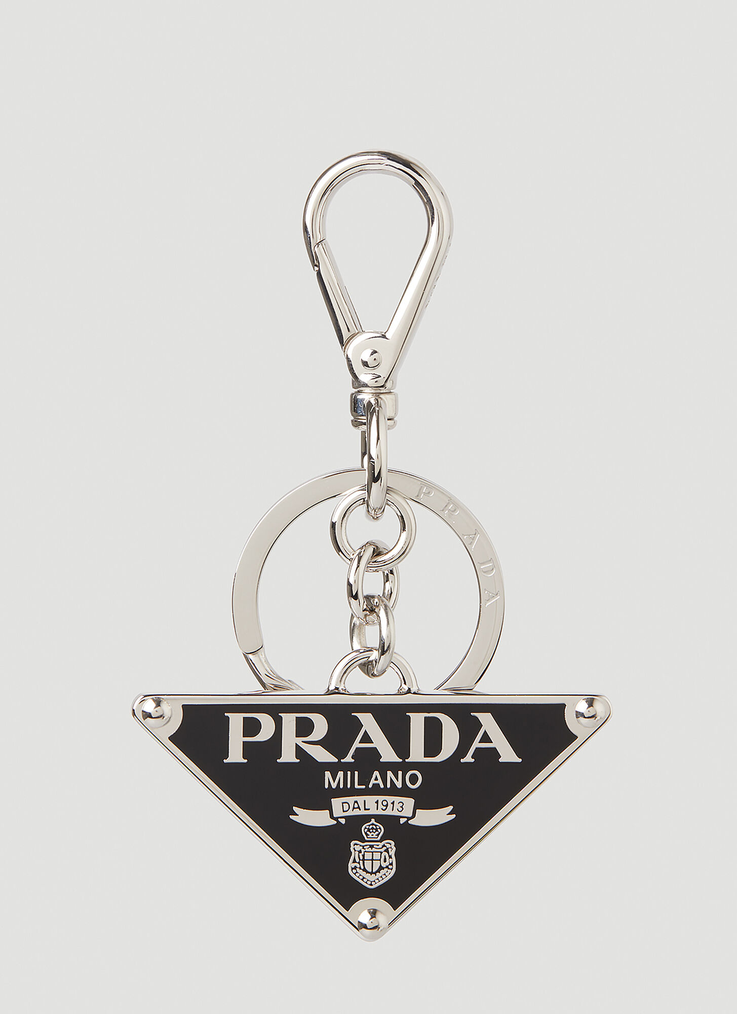 Prada Triangle Enamel Keychain In Black