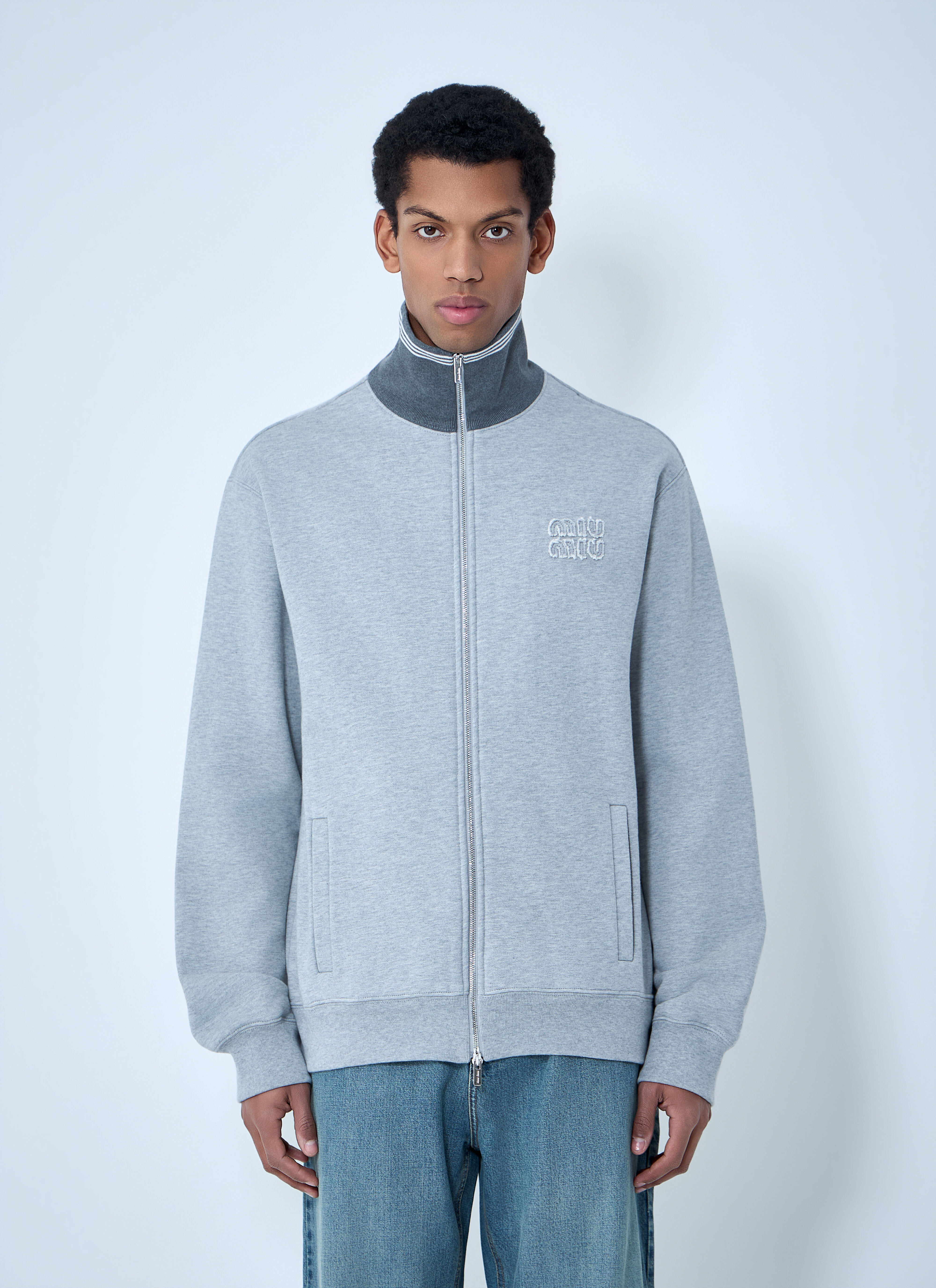 Miu Miu Men's' Logo Motif Zip-Up Sweatershirt in Grey | LN-CC®