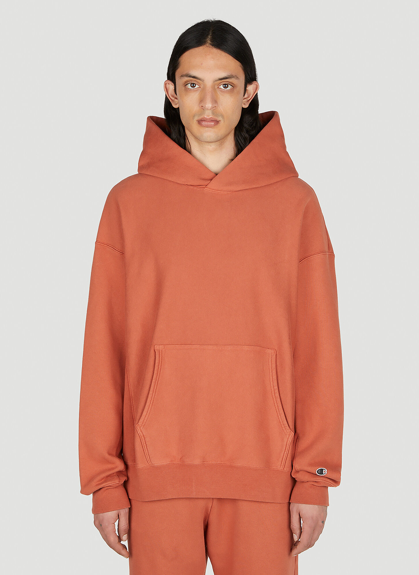 Champion Logo Embroidered Hooded Sweatshirt In Brown