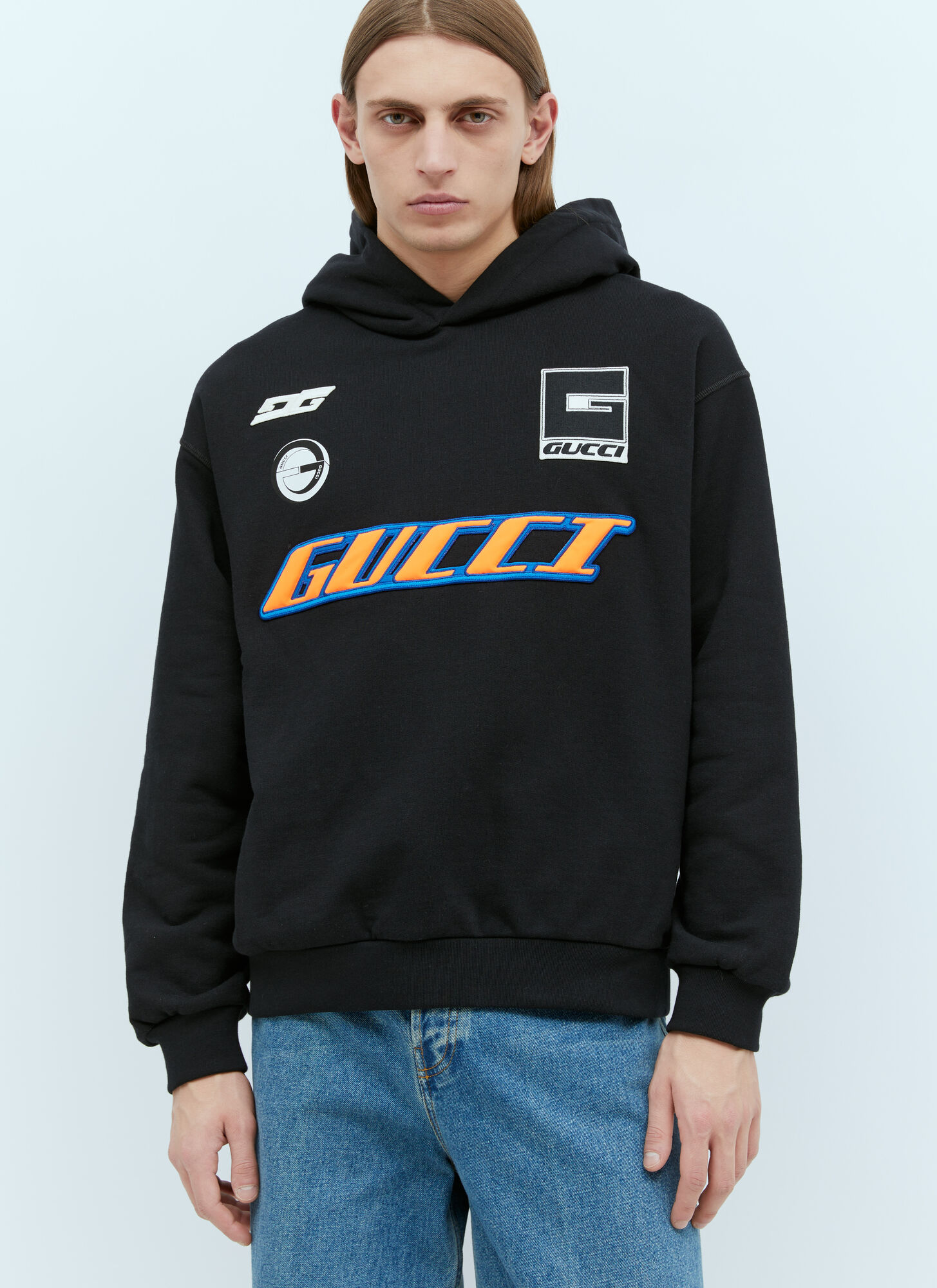 Shop Gucci Logo Applique Hooded Sweatshirt In Black