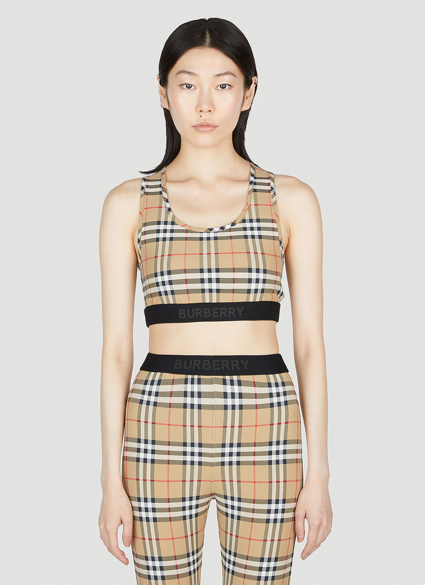 Shop Burberry Check Sports Bra In Beige