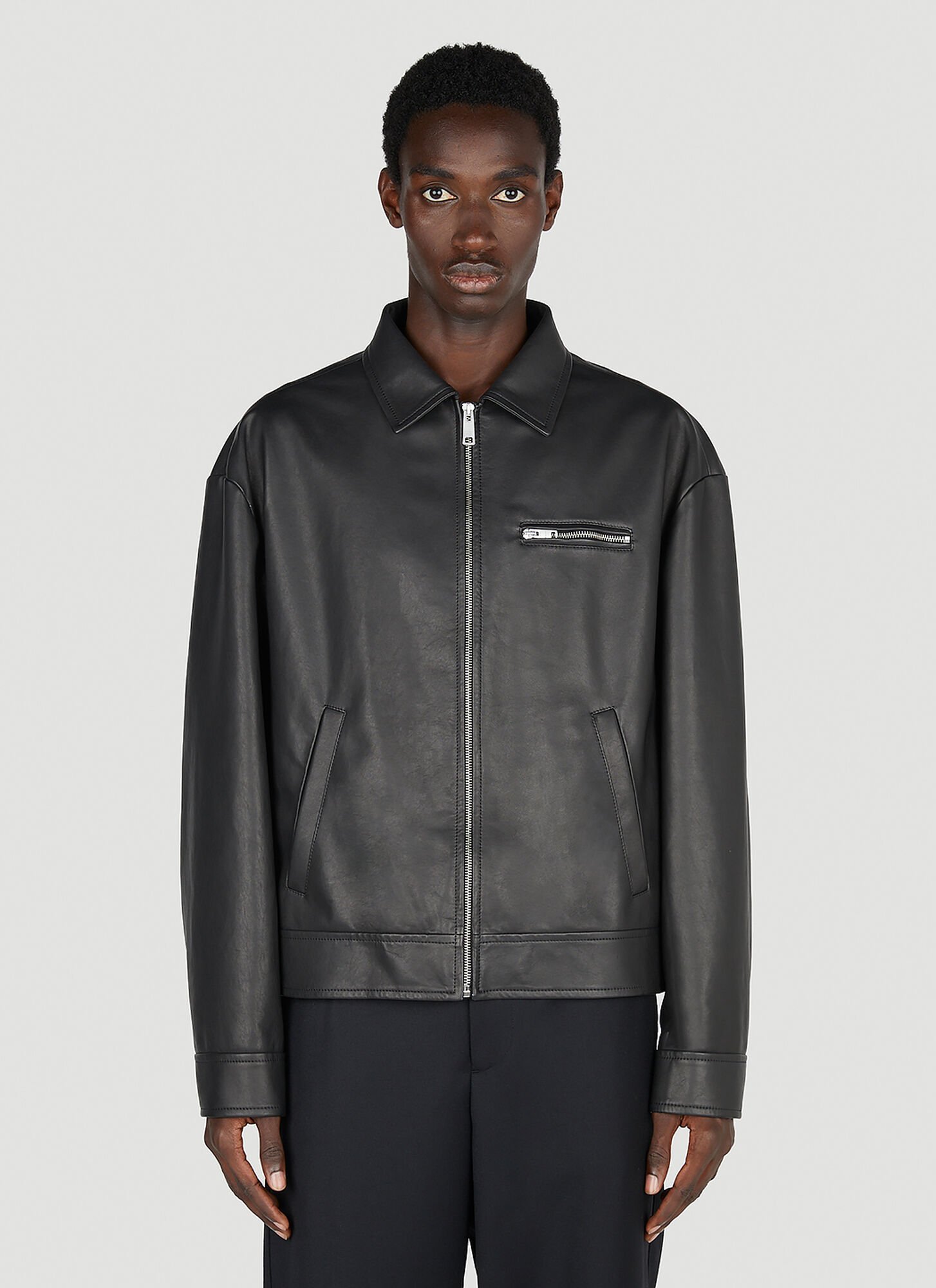 Shop Prada Zip Up Leather Jacket In Black