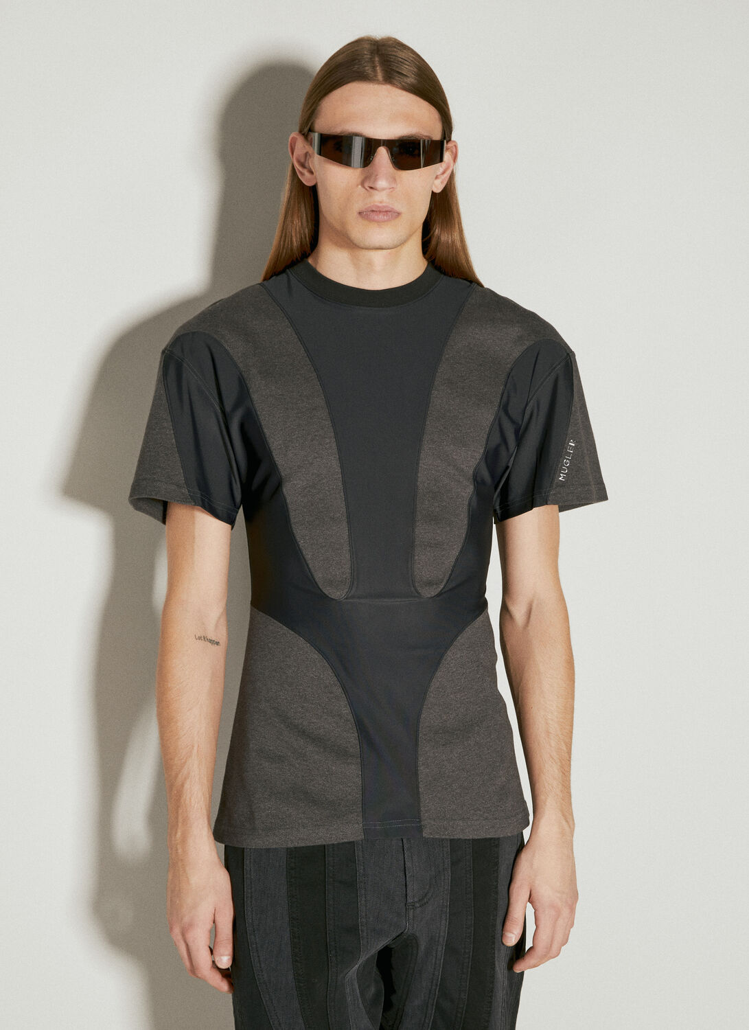 Mugler Bi-material T-shirt In Black