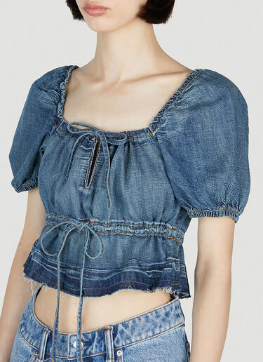 GANNI Tint Edge Denim Puff Sleeve Top Blue gan0252015