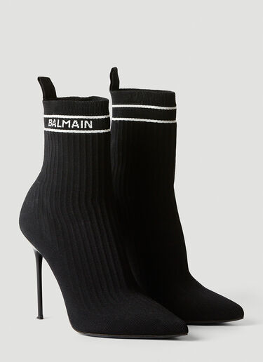Balmain Logo Print Knit High Heel Boots Black bln0253034
