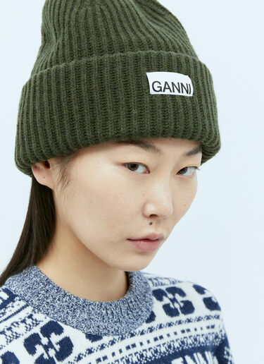 GANNI Logo Patch Beanie Hat Green gan0255068