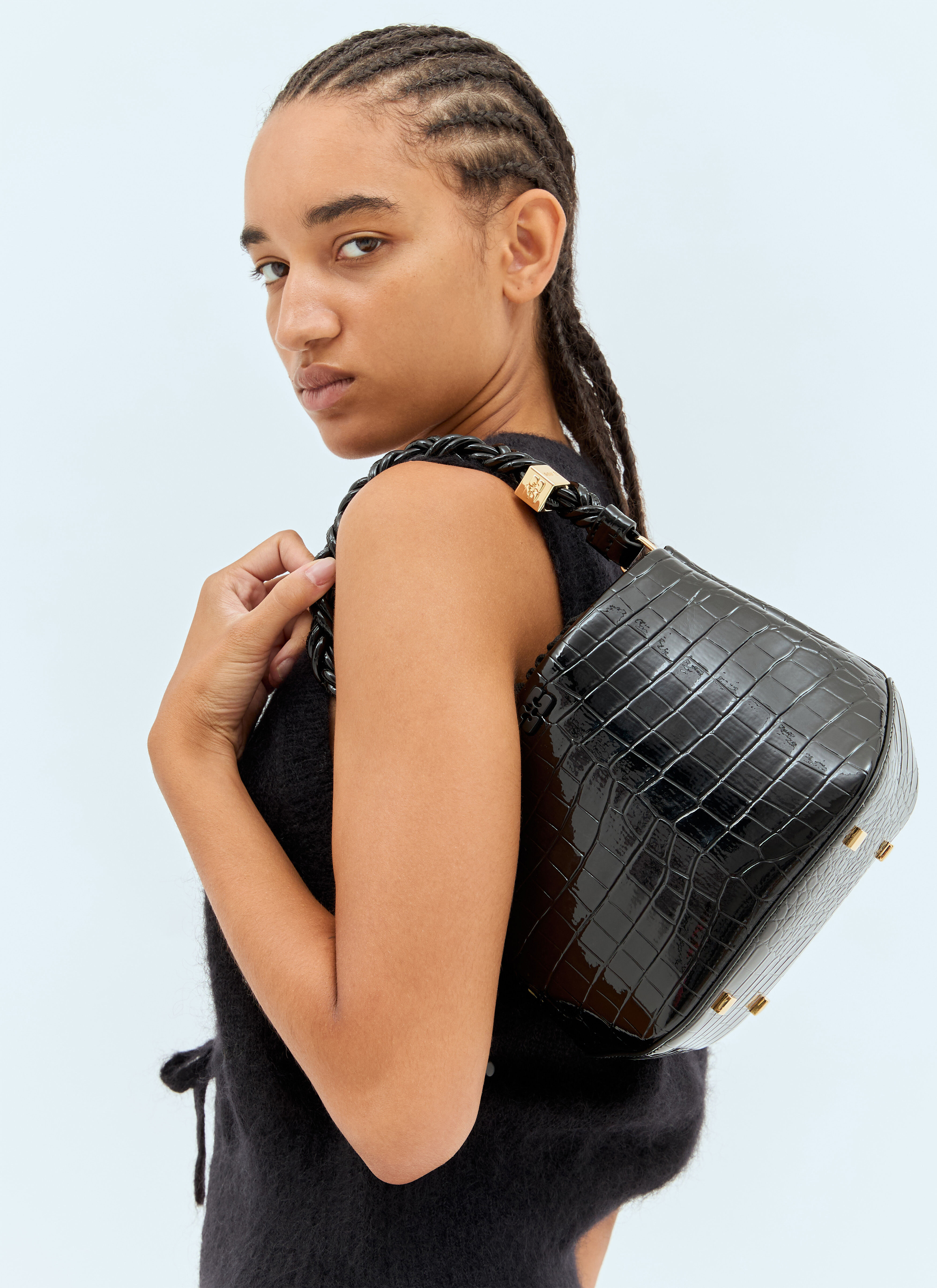 Ganni Women s Bou Croc Embossed Bucket Bag in Black LN CC