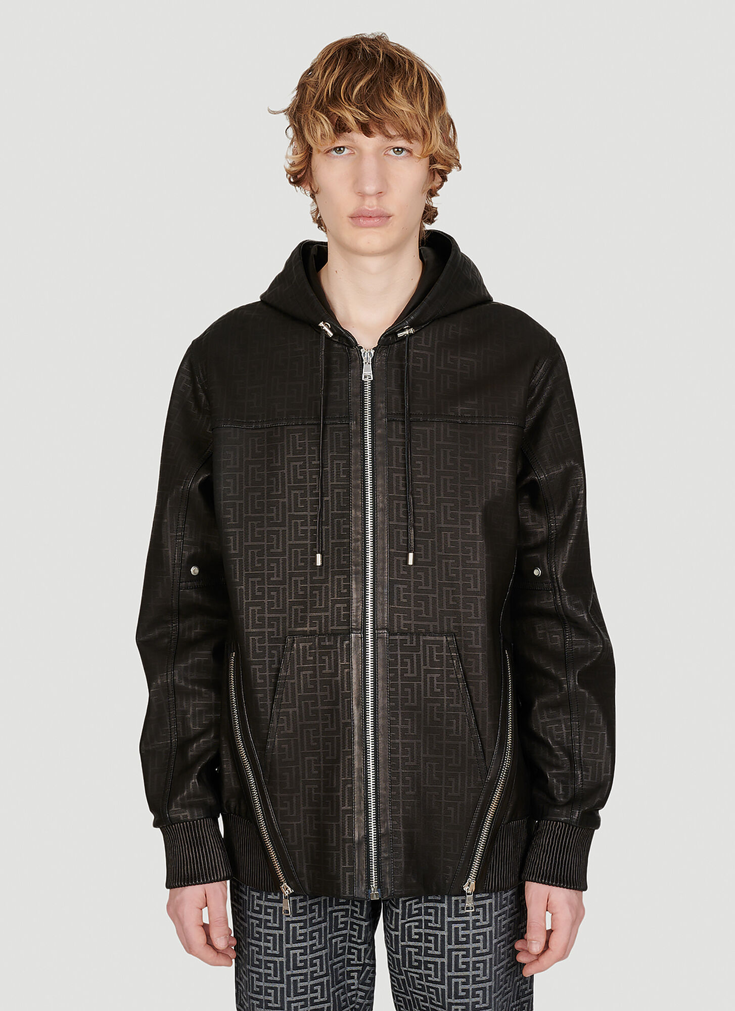 Shop Balmain Monogram Lazer-cut Leather Hooded Jacket In Black