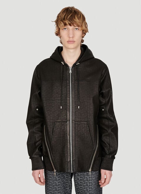 Balmain Monogram Lazer-Cut Leather Hooded Jacket Black bln0154001