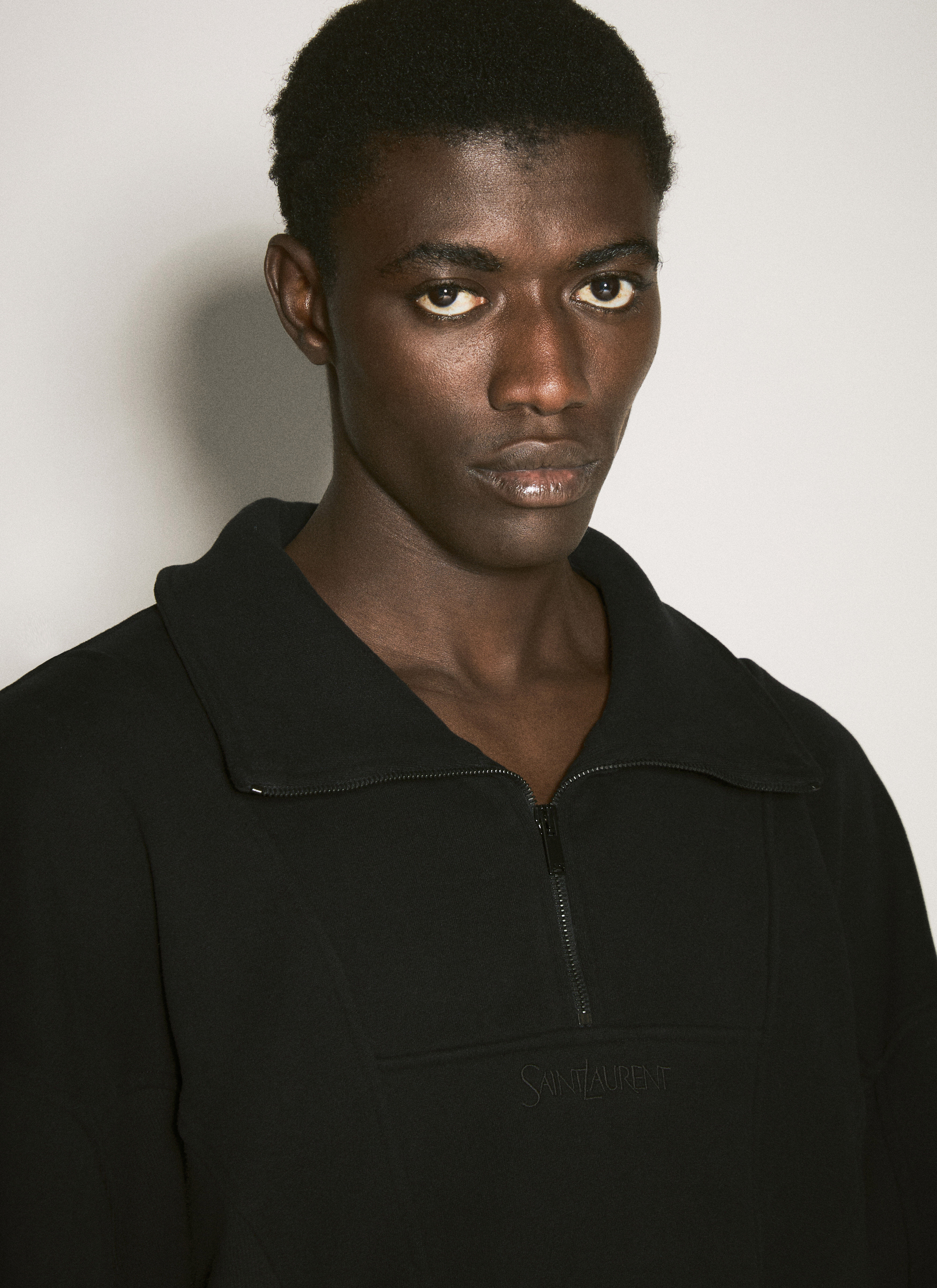Saint Laurent Men's' Logo Embroidery Half-Zip Sweatshirt in Black