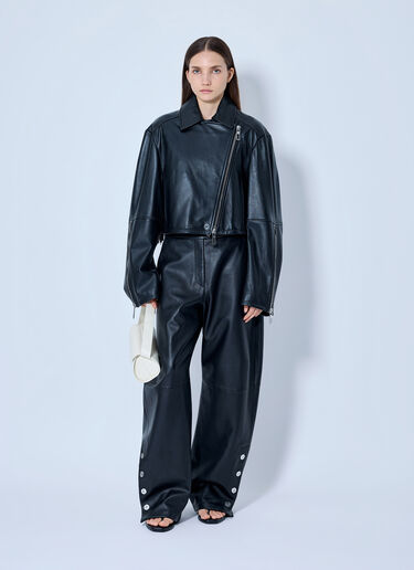 LN-CC® - Sportmax: Leather Asymmetrical Zip Jacket - Black Sportmax Leather Asymmetrical Zip Jacket Black spx0265016