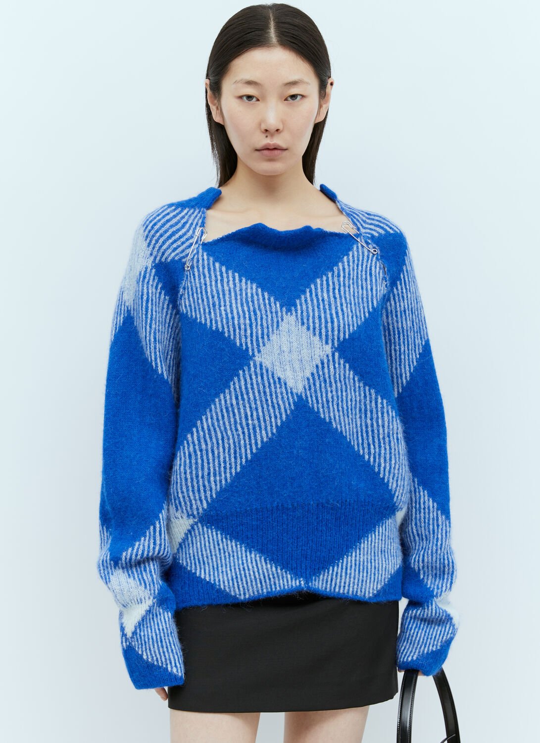 Burberry Check Alpaca Wool Blend Sweater In Blue