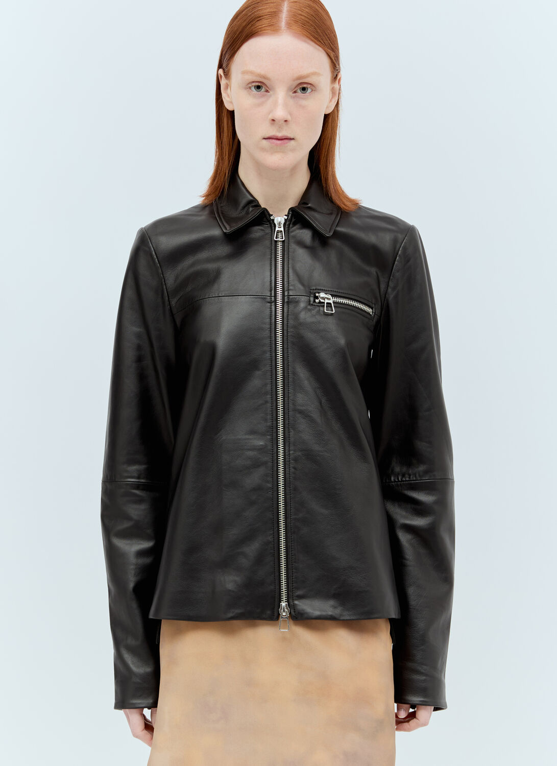 Sportmax Front Zipper Leather Jacket In Black