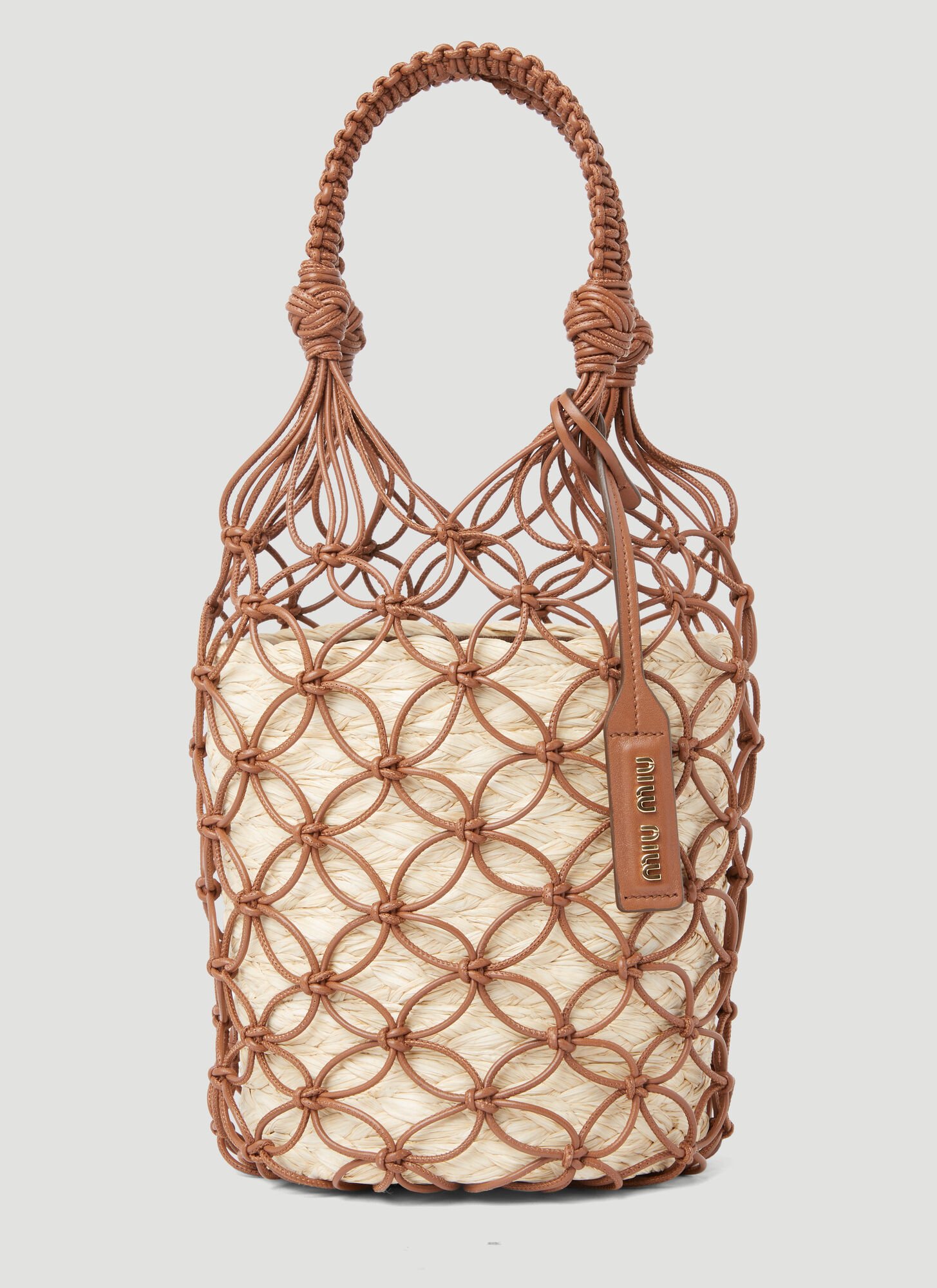 Shop Miu Miu Leather Mesh And Straw Bucket Bag In Natural