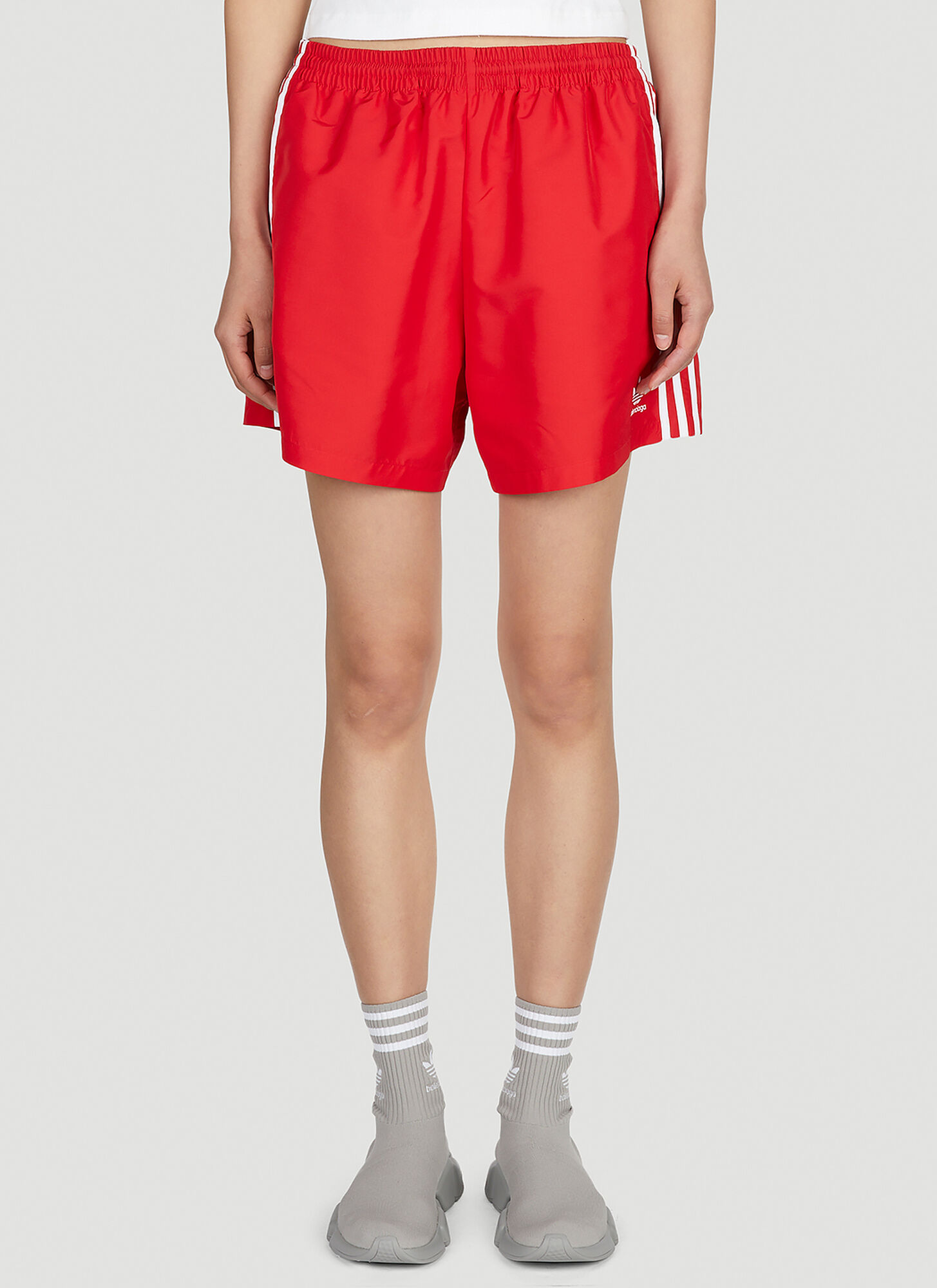 Shop Adidas X Balenciaga Striped Track Shorts In Red