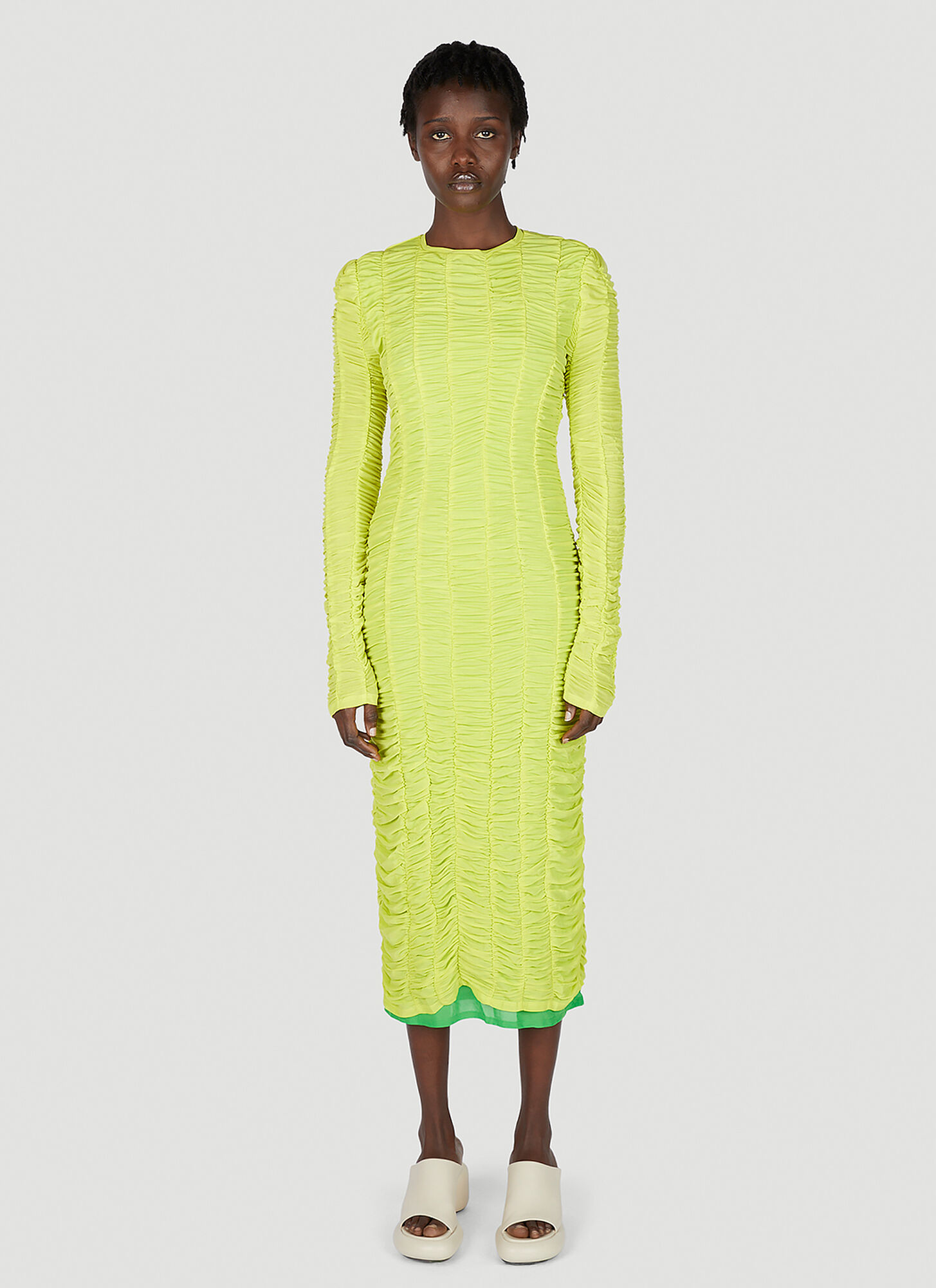 Simon Miller Tati Smocked Long Sleeve Midi Dress In Green