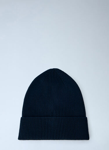 LN-CC® - Moncler: Ribbed Knit Beanie with Logo Patch - Navy Moncler Ribbed Knit Beanie with Logo Patch Navy mon0166048