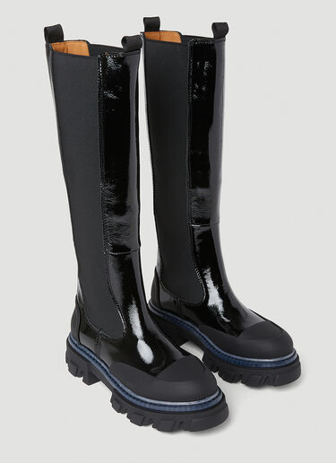 GANNI Patent Knee High Chelsea Boots Black gan0253091