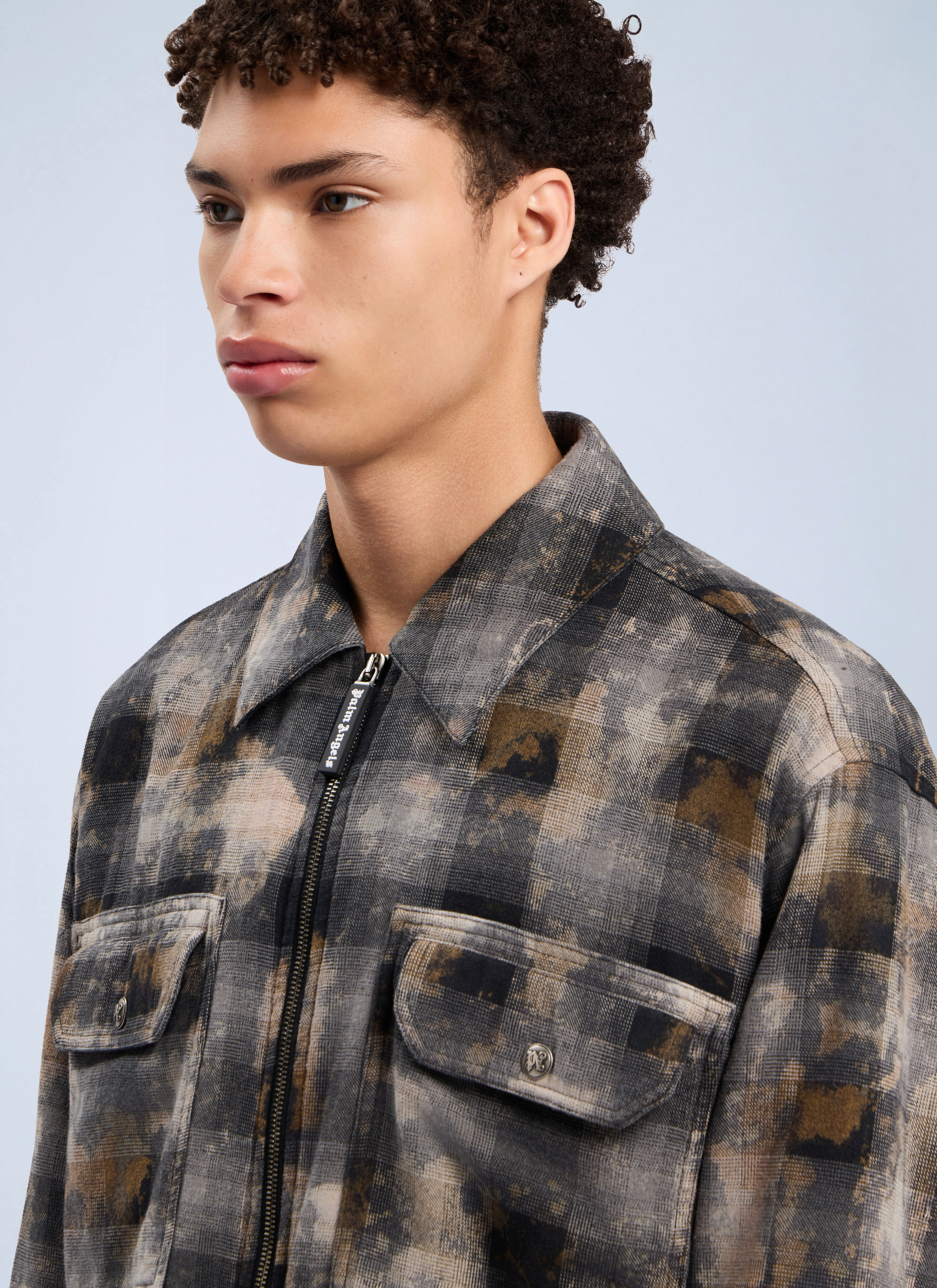 Palm Angels Men's' Curved Logo Check Overshirt in Grey | LN-CC®