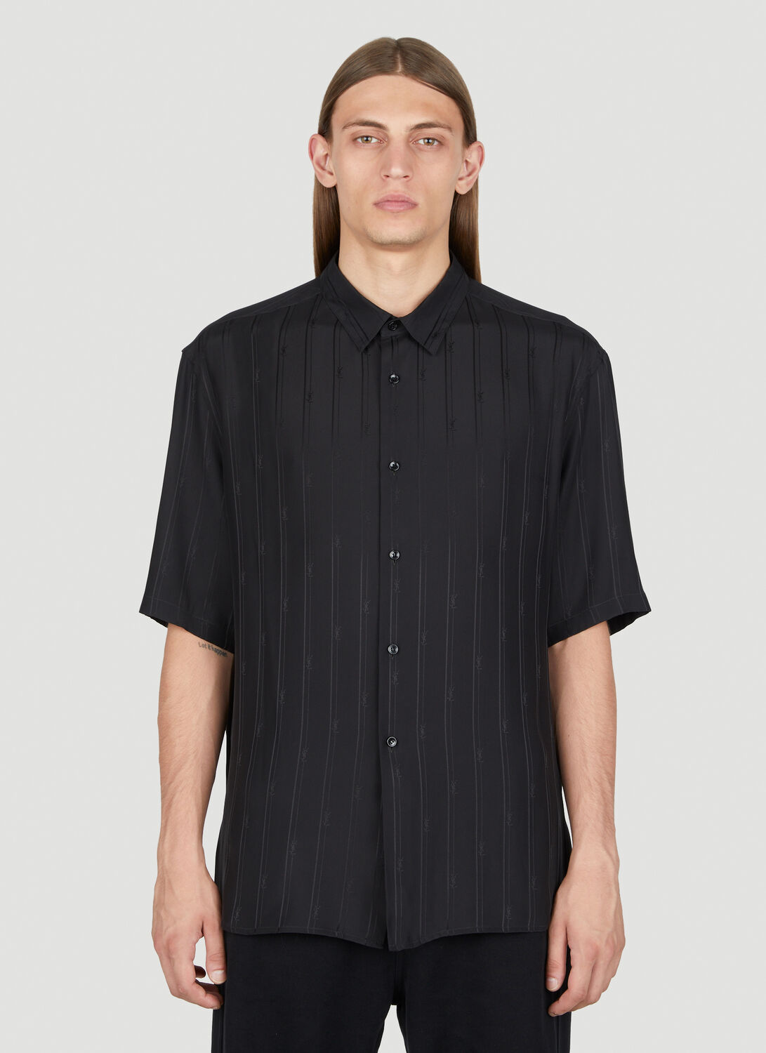 Shop Saint Laurent Cassandre Stripe Silk Shirt In Black