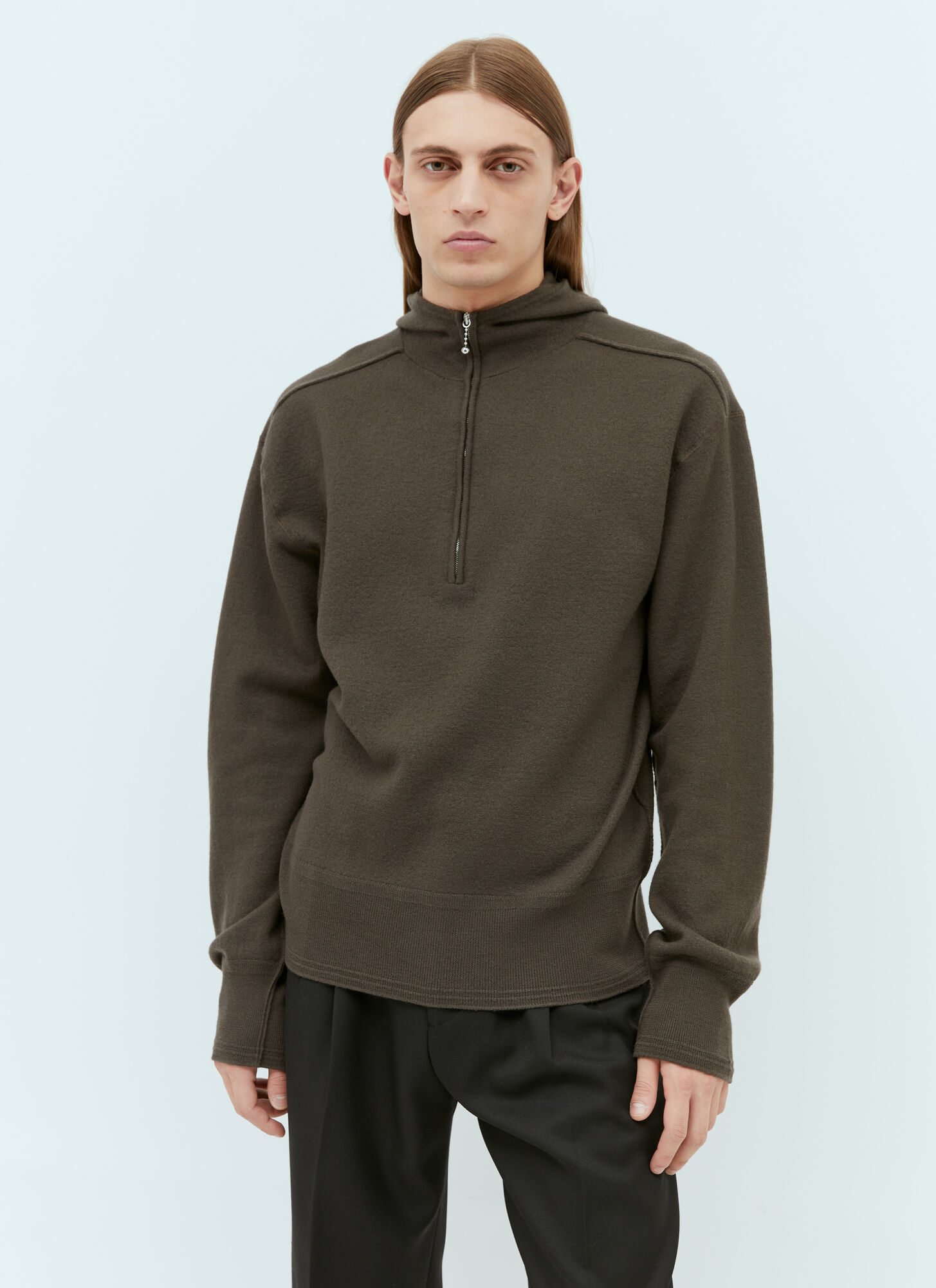 Shop Burberry Half-zip Wool Hooded Sweatshirt In Brown